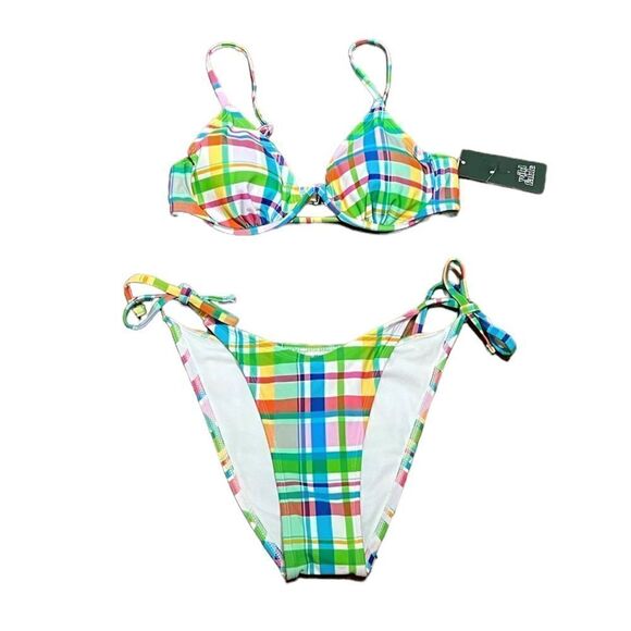 NWT Wild Fable Junior’s 2 Piece Multicolor Plaid Swimsuit, Low Rise High Leg, S - Picture 4 of 10